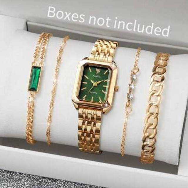 SHEIN 5pcs/Set Women&#39;s Fashion Square Dial Quartz Wristwatch With Steel Strap + Bracelet, Classic Design, No Watch Box Included