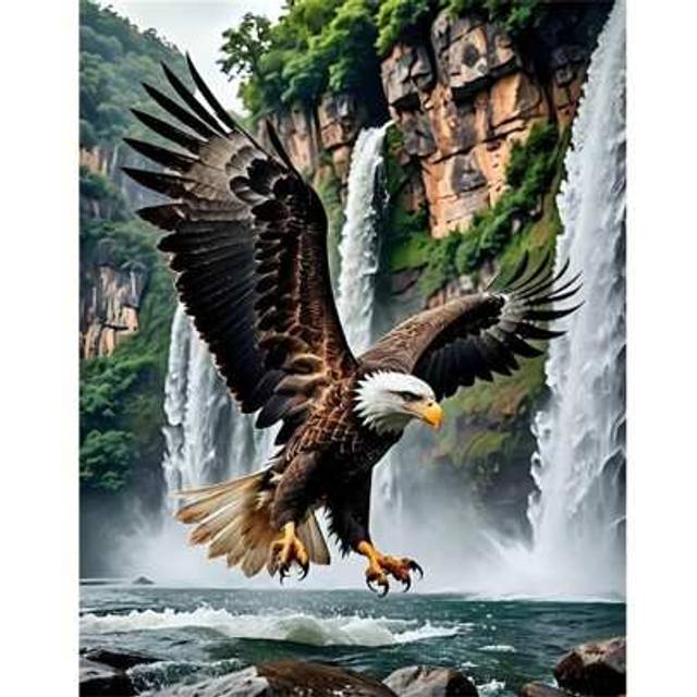 SHEIN 1pc 5D Round Acrylic Diamonds DIY Diamond Painting Kit, 15.75 X 19.69 Inches, Eagle In Waterfall Scenery, Frameless Mosaic Art For Home Decor, Spiritu