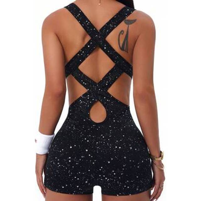 SHEIN Women&#39;s V-Neck Sequin Mesh Crisscross Back Workout Jumpsuit