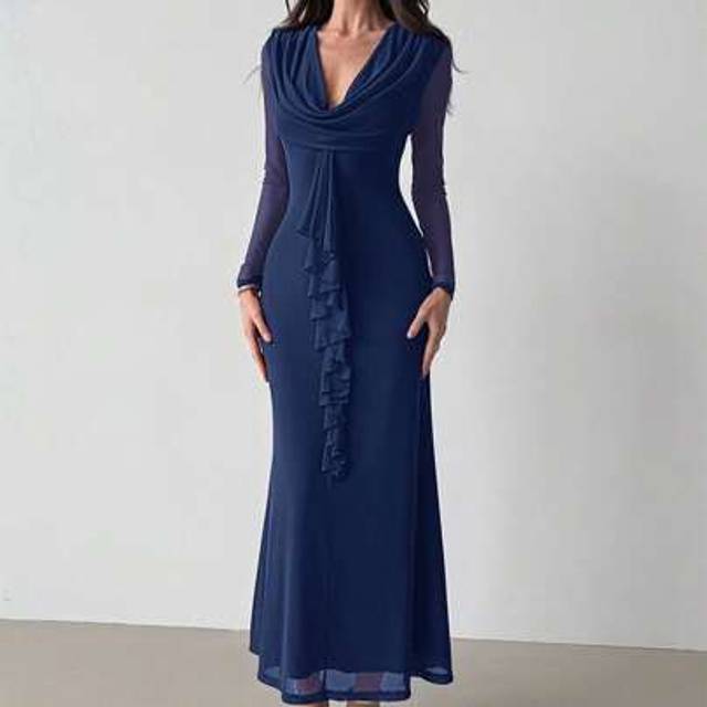 Aloruh Women&#39;s Deep-V Neck Pendant Ruffle Mermaid Hem Mesh Party Christmas Maxi Dress, Sexy