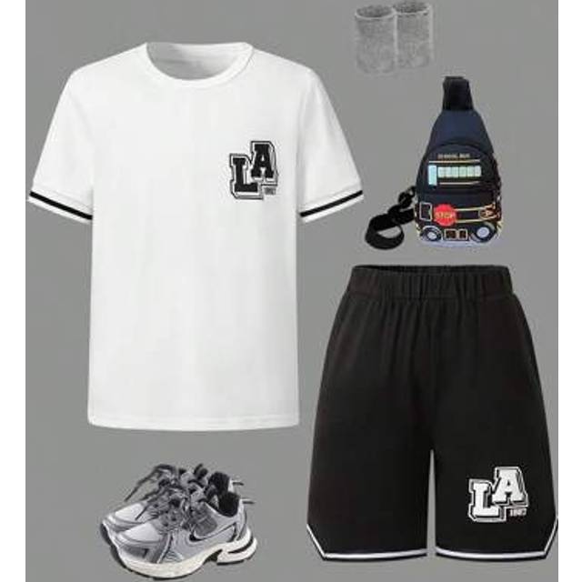 SHEIN 2pcs Boys Casual Sports LA Print White Short Sleeve T-Shirt And Black Basketball Shorts Set, Spring/Summer