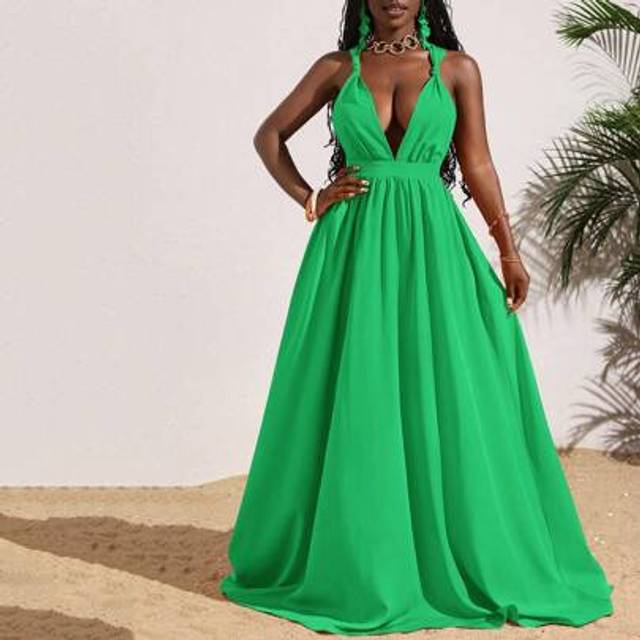 Slaydiva Women&#39;s Backless V-Neck Cross Tied Long Summer Vacation Dress, Solid Orange Color