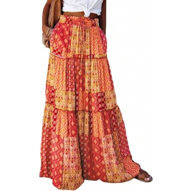 SHEIN Women&#39;s Bohemian Skirts Vintage Elastic High Waist A-Line Skirts Tiered Long Skirts With Pockets