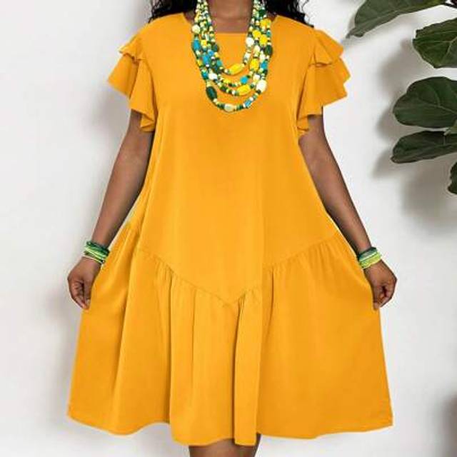 Slaydiva Plus Size A-Line Knee-Length Dress With Ruffle Hem And Sleeves, Romantic Casual Vacation Wear, Green, Spring/Summer,Sun Dresses For Women