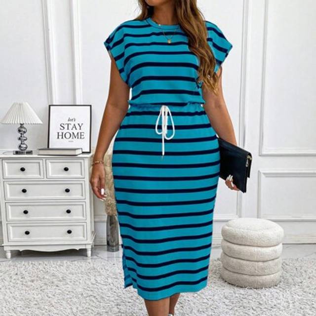 Calvaya Plus Size Striped Crew Neck Capped Sleeve Bodycon Split Drawstring Midi Casual Dress, Autumn/Winter Maxi Women Outfit