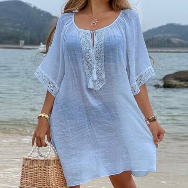 Swim Vcay Vacation Beach Solid Color Lace Patchwork Coverup Dress