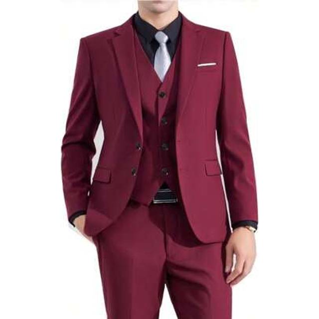 SHEIN Groom&#39;s Wedding Dress Wine Red Men Autumn Wedding Party Blazers Three Pieces Set Large Size Male Blazer Coat Trousers And Vest Fashion Slim Fit Suits