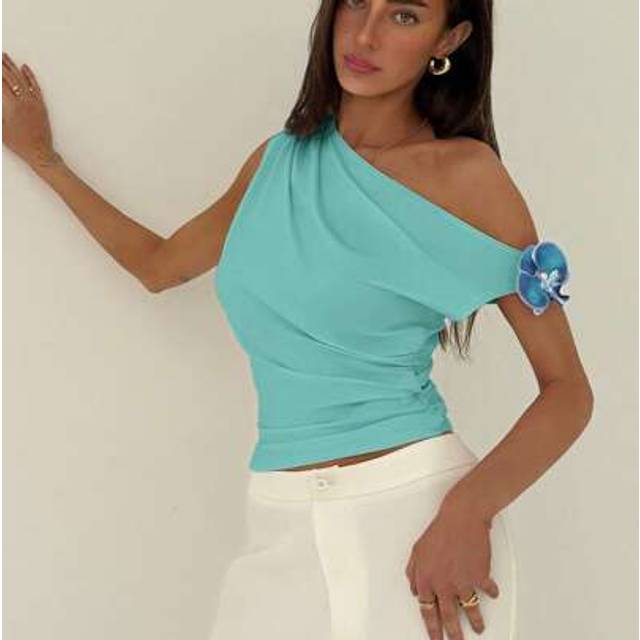 Aloruh Romantic Asymmetrical Neck Ruched 3D Floral Fitted Blouse Off The Shoulder Top