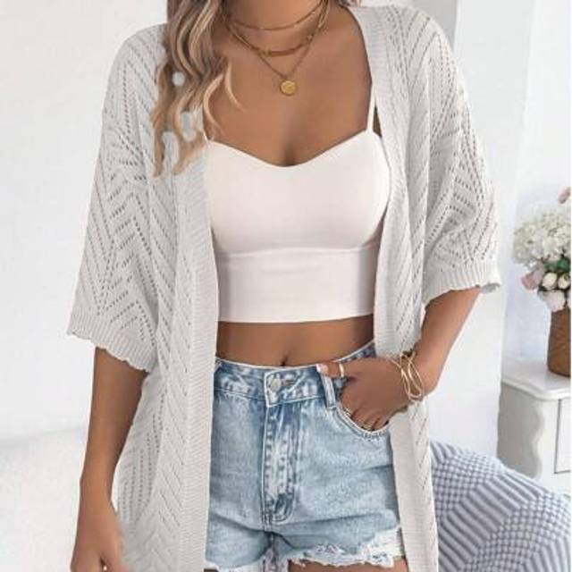 SHEIN Elegant Women&#39;s Lightweight Bohemian Summer Short Sleeve Cardigan, Delicate Knitted Hawaii Style
