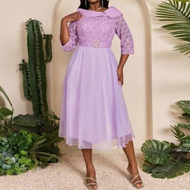 SHEIN Mgiacy-Lady New Arrival Solid Color Plus Size Cocktail Dress Contrast Lace Belt Metal Buckle Dress, Party Dress