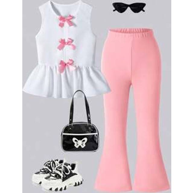 SHEIN 2pcs Girls Casual & Elegant Lady Urban Commuting Bow Decor Sleeveless Top + Solid Color Slim Fit Flared Pants Knit Set, School, Campus, College