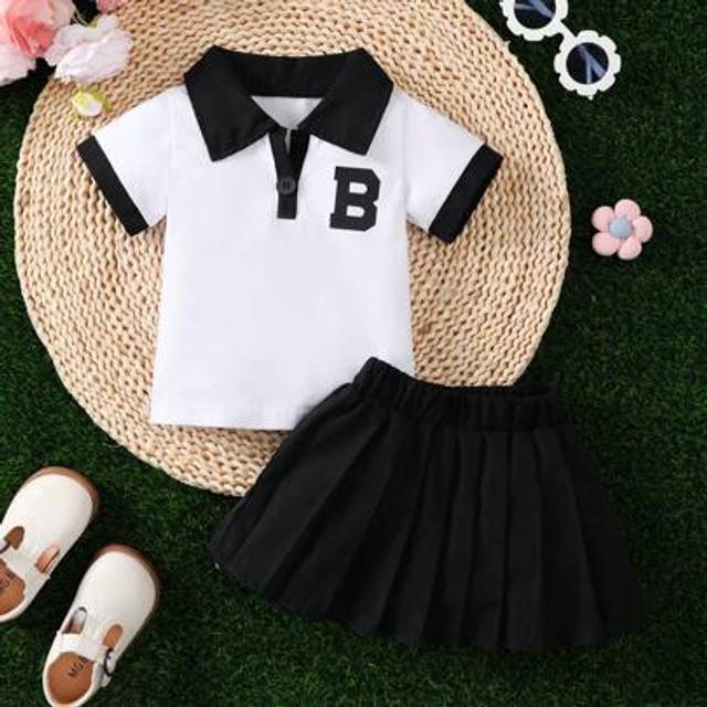 SHEIN 2pcs Baby Girls Summer Preppy Style Letter Lapel Shirt Set, Open Collar Short Sleeve And Pleated Skirt Set, Outdoor Cloth