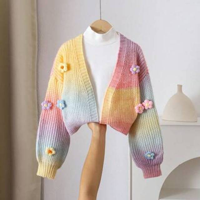SHEIN Tween Girl Handmade Rainbow Flower Decor Knit Cardigan, Cute Cropped Lantern Sleeve Sweater