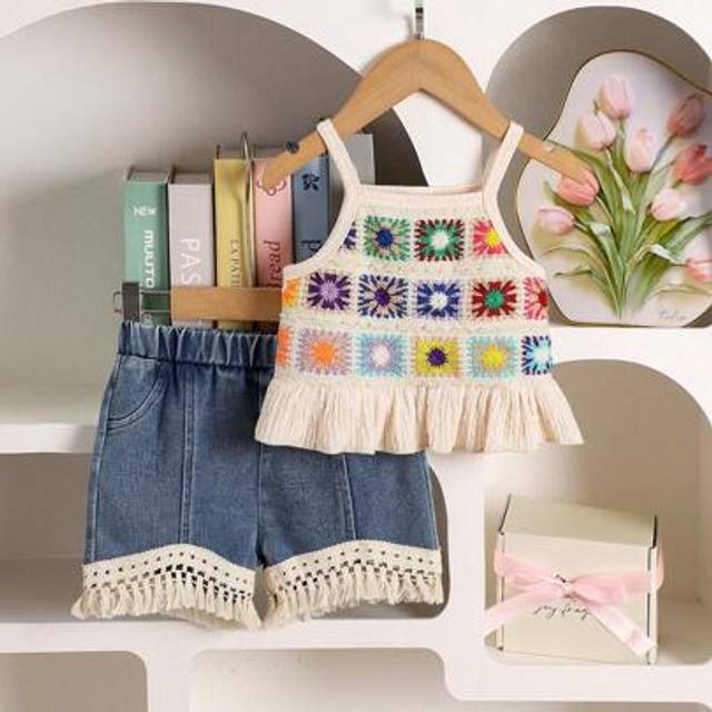 SHEIN 2pcs Baby Girl Boho Style Crochet Trim Camisole And Tassel Hem Denim Shorts Set