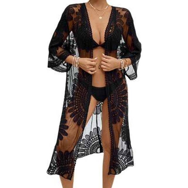 SHEIN Women Bikini Cover Up Floral Embroidery See-Through Lace Beach Kimono For Swimsuit Bathing Suit Summer Clothes