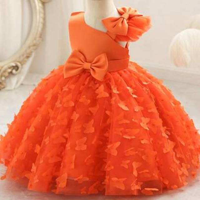 SHEIN Young Girl 3D Bow Decor Butterfly Applique Tulle Princess Ruffle Dress