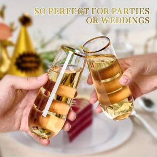 SHEIN 3/2/1pc 9oz Champagne Flutes Plastic, Stemless Mimosa Gold Rim Toasting Glasses, Clear Champagne Glasses, Stemless Plastic Champagne Flutes With Golde