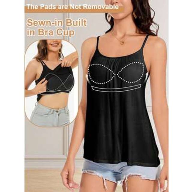 SHEIN Women&#39;s Camisole With Built In Bra Tank Top Flowy Swing Pleated Tank Top Cami With Adjustable Spaghetti Strap Shelf Bra Loose Vest