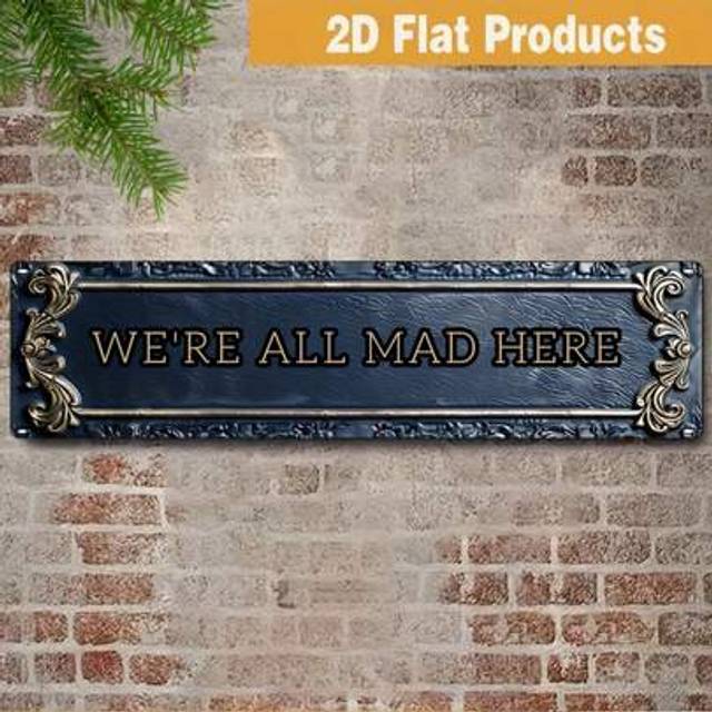 SHEIN 1pc Metal Sign - &#34;We&#39;re All Mad Here&#34; - Modern Decorative Plaque, Vintage Style Wall Hanging, Multipurpose Home Decor, Bar, Cafe, Garage, Farmhouse -