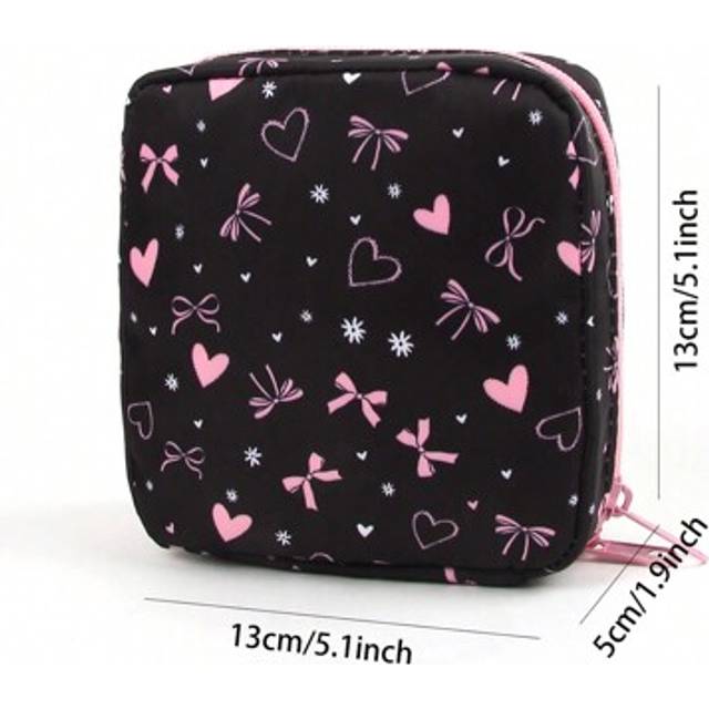 SHEIN Artist Black & Pink Heart And Bow Pattern Cute Makeup Bag Storage Bag, Love Valentine&#39;s Day