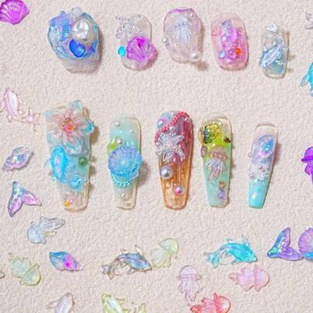 SHEIN 100pcs Spring Summer Nail Decorations Ocean Animal Mermaid Shell Starfish Nail Charms For Nail Art - Cute Kawaii Fish & Jellyfish Flatback Rhinestones
