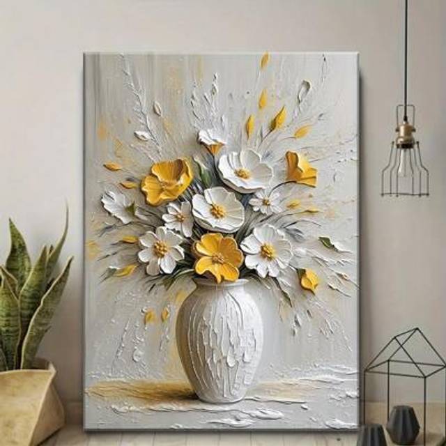 SHEIN 1pc Elegant White & Yellow Floral Canvas Art - 3D Embossed Flower Oil Painting, Framed Wall Decor For Living Room, Bedroom, Office, And More - Perfect