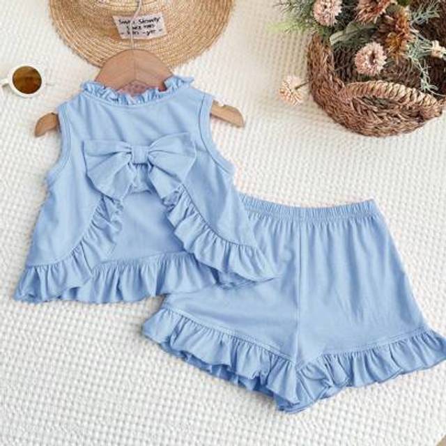 SHEIN 2pcs Baby Girl Solid Color Knitted Ruffled Collar Vest And Shorts Set
