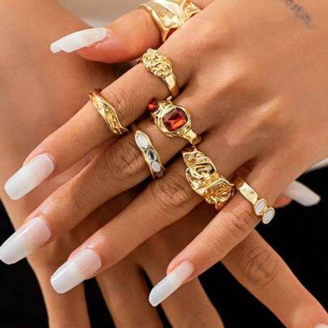 SHEIN 7pcs/Set Vintage Liquid Flow Ring Set, Knuckle Rings With Rhinestones, Luxury Retro Style Rings For Women, Suitable For Party, Gift And Daily Wear