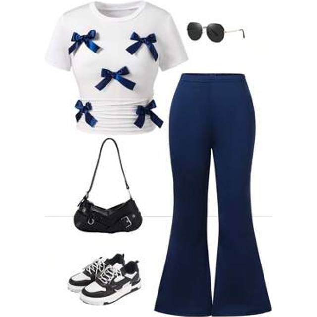 SHEIN Girls Elegant Bow Detail Short Sleeve Knit Top + Body-Fit Flared Pants 2Pcs Set
