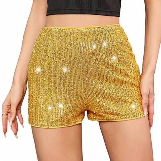 SHEIN Women&#39;s Sequin Sparkle Elastic High Waist A Line Party Concert Shorts Summer Shiny Glitter Mid Waist Elastic Band Straight Leg Shorts Hot Pants For Pa