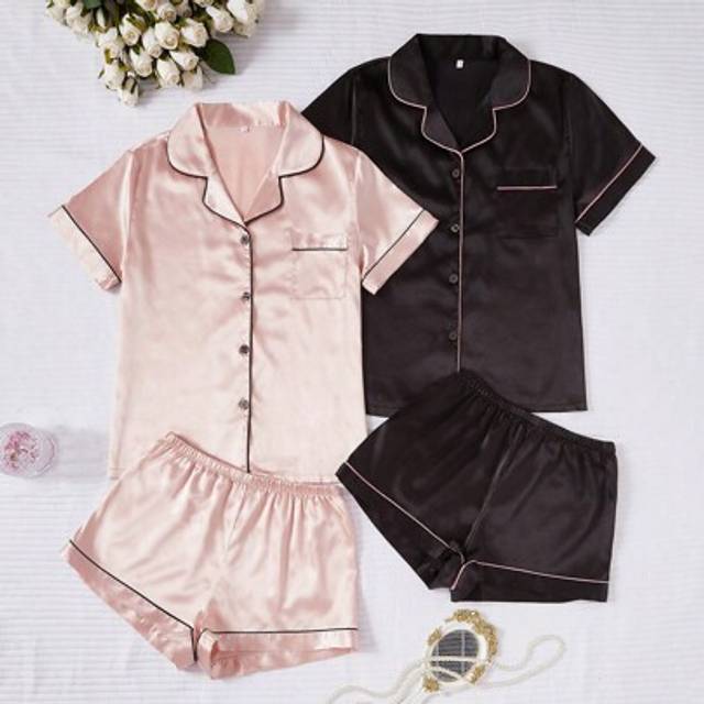 SHEIN 2pcs Plus Size Contrast Trim Lapel Cardigan And Shorts Pajama Set, Faux Silk