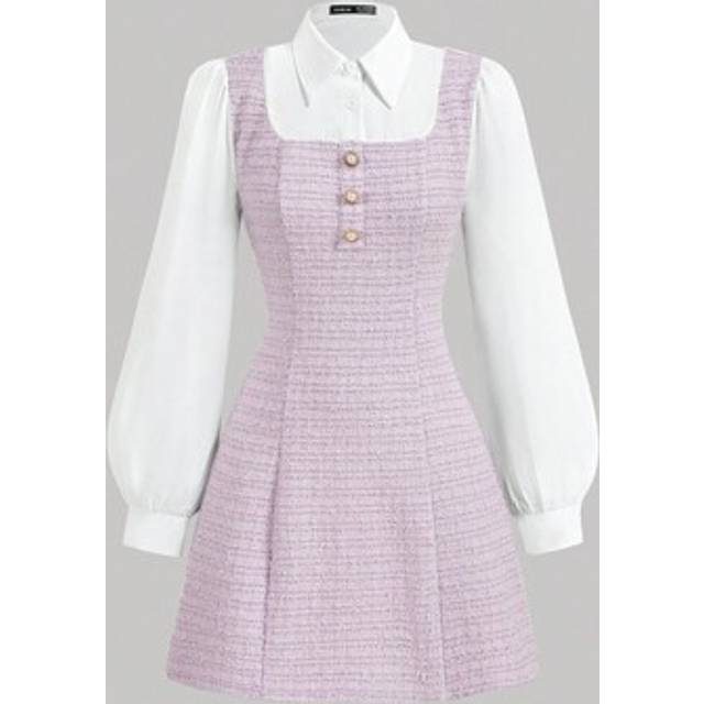 SHEIN Tween Girls Elegant Lilac Color Block Turndown Collar Lantern Sleeve 2 In 1 Dress, Fall & Autumn,Back To School,Fall Dresses,Going Out Outfits,Lilac L