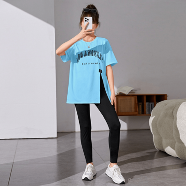 SHEIN Teenager Girls&#39; Letter Print Slit Long T-Shirt & Leggings 2 Pieces Set