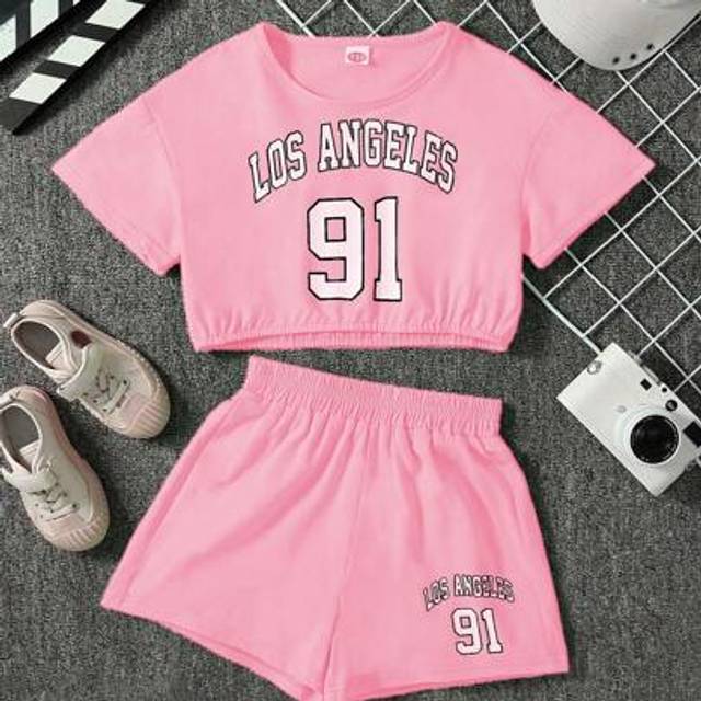 SHEIN 2pcs/Set Girls Casual Loose Round Neck Short Sleeve T-Shirt And Shorts Suit, New Style 2024 Summer Korean Fashion Midriff Exposed