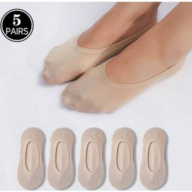 SHEIN 5 Pairs/Pack Women&#39;s Nude Color Invisible Socks, High Elasticity, Thin, Mesh Design, Silica Gel Anti-Slip, Shiny Boat Socks