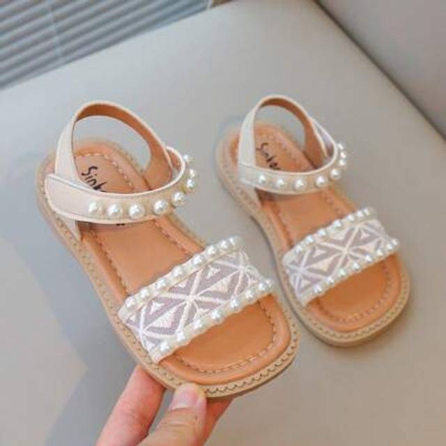 SHEIN 1 Pair Girls Lace Casual Non-Slip Hook And Loop Strap Flat Sandals, Summer