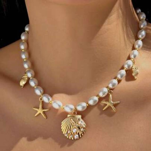 SHEIN 1pc Beach Style Pearl Shell Starfish Conch Multi-Pendant Necklace, Suitable For Women&#39;s Daily Accessories, Vacation, Dating, Gift