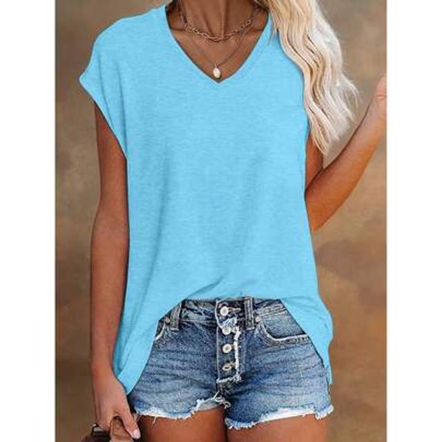 SHEIN Women&#39;s Solid V-Neck Batwing Sleeve Casual T-Shirt, Summer