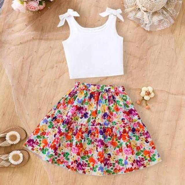 SHEIN 2pcs/Set Tween Girls White Bow Blouse And Floral Print Color Skirt Set