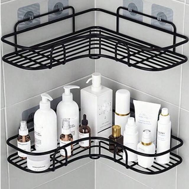 SHEIN 1/2pcs Black Triangular Multi-Purpose Self-Adhesive Wall-Mount Corner Storage Rack For Bathroom, Kitchen, Cosmetics, Shower Home Bathroom Decor Bathro