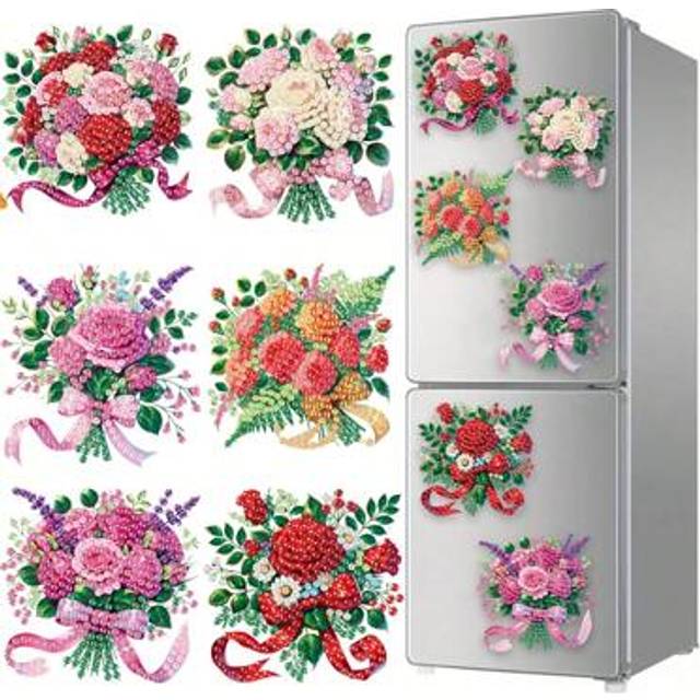SHEIN 6pcs Diamond Art Flower Bouquet Fridge Magnets, Diamond Painting Magnet Kit For DIY Craft Gifts, Fridge And Mailbox Decor