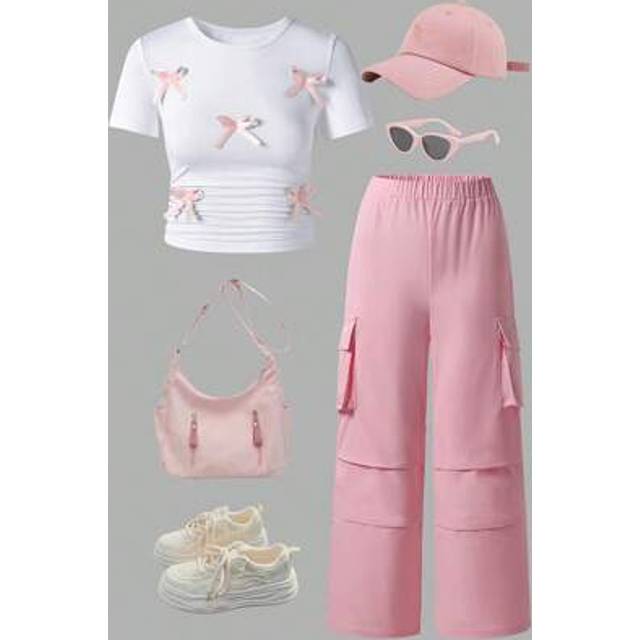SHEIN 2pcs Tween Girl White Tight Fitting T-Shirt With 3D Bow Decor & Cargo Pants Set, Spring Outfit