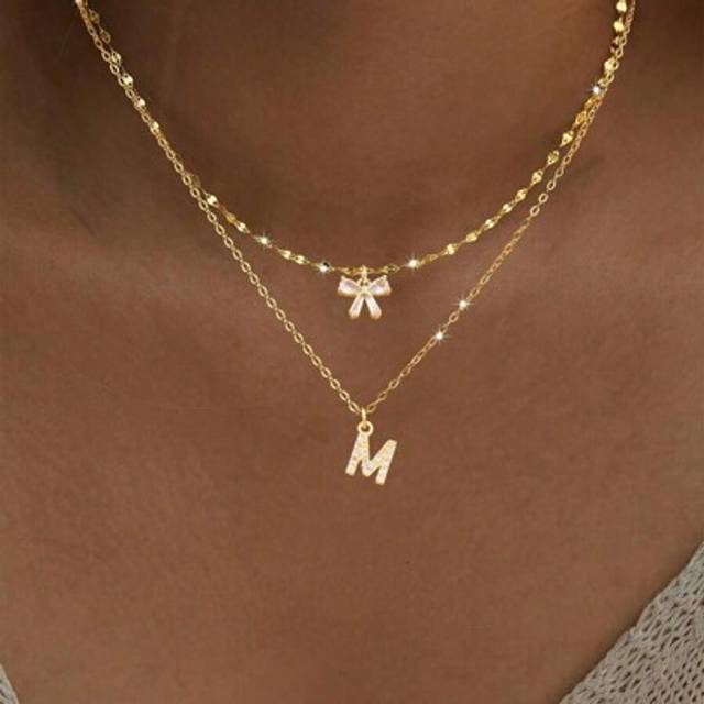 SHEIN 2Pcs/Set Simple Fashion Crystal Bowknot Pave Zirconia Initial Pendant Gold Color Stainless Steel Lip Chain Necklaces For Women Valentines