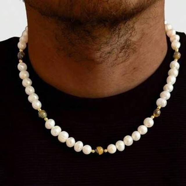 SHEIN 1pc Vintage Tiger Eye Faux Pearl Beaded Necklace For Men, Casual Accessories (Stone Color May Vary)