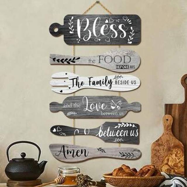 SHEIN 6 Pieces Rustic Kitchen Wood Wall Hanging Plaque Sign For Home Decor,Farmhouse Bless The Food Before Us Sign Wall Art Plaque Sign For Dining Room Deco