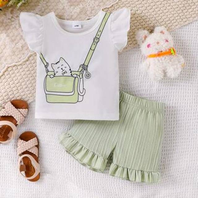 SHEIN 2pcs/Set Toddler Girls Cute Cartoon Cat Cap Sleeve T-Shirt And Shorts Set