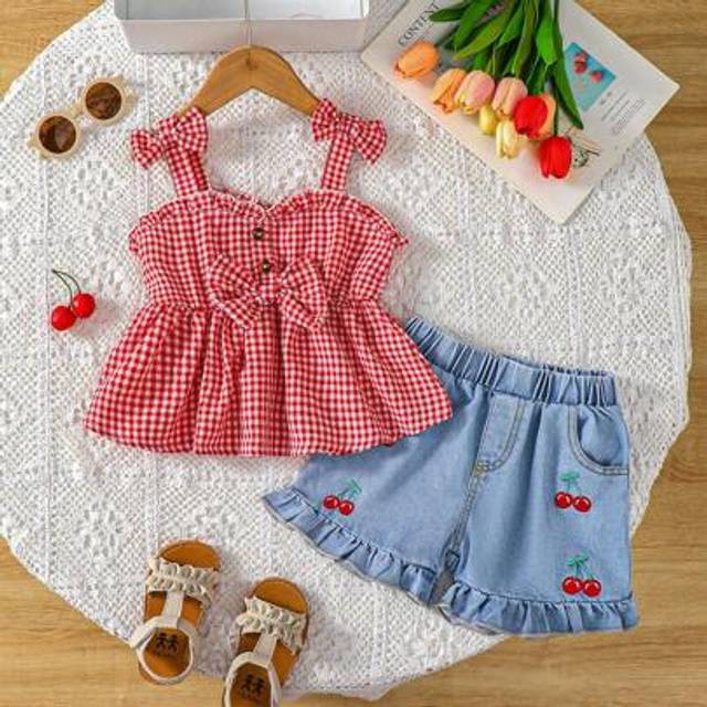SHEIN 2pcs Young Girl &#34;Girlhood Core&#34; Casual Preppy Style Red Camisole And Blue Washed Denim Shorts With Cherry Print Set