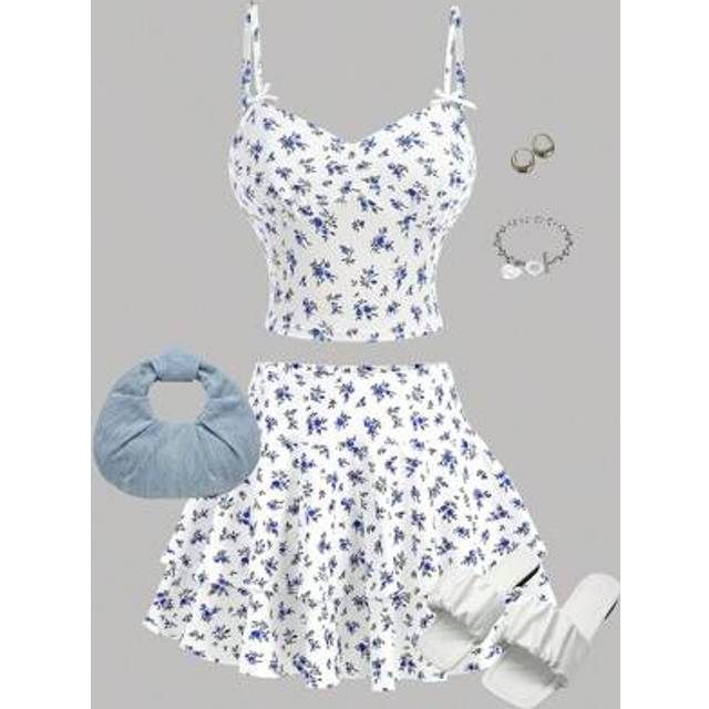 SHEIN Teen Girl Blue & White Ditsy Floral Cami Top & Layered Hem A-Line Skirt, 2pcs Casual Vacation Set, Spring/Summer Outfit