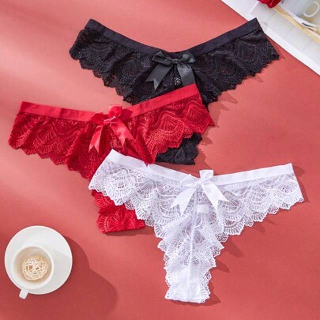 SHEIN 3PCS Plus Size Women&#39;s Underwear Lace Thong Bow Sexy Lingerie Solid Color Transparent Tangas Elastic Comfortable Panties For Women Black White Red G-S