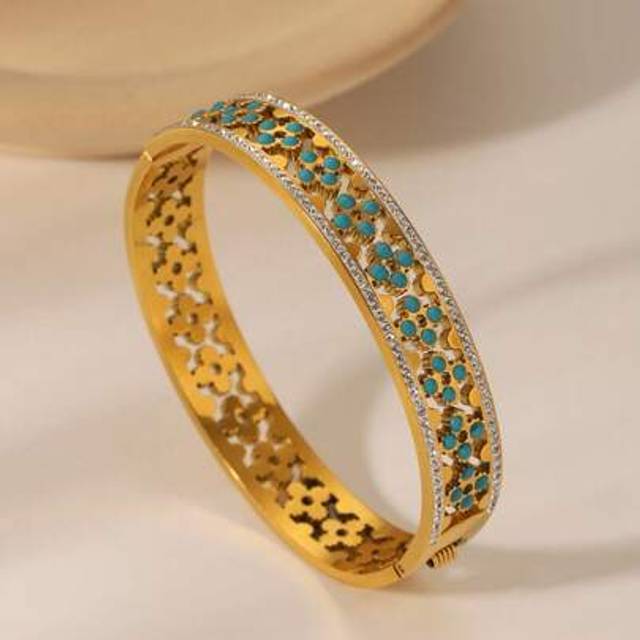 SHEIN 1pc Vintage Style Antique Blue Oil Drip Hollow Flower 18K Gold Plated Stainless Steel Bangle Bracelet, Elegant & Versatile For Women, Gift For Holiday